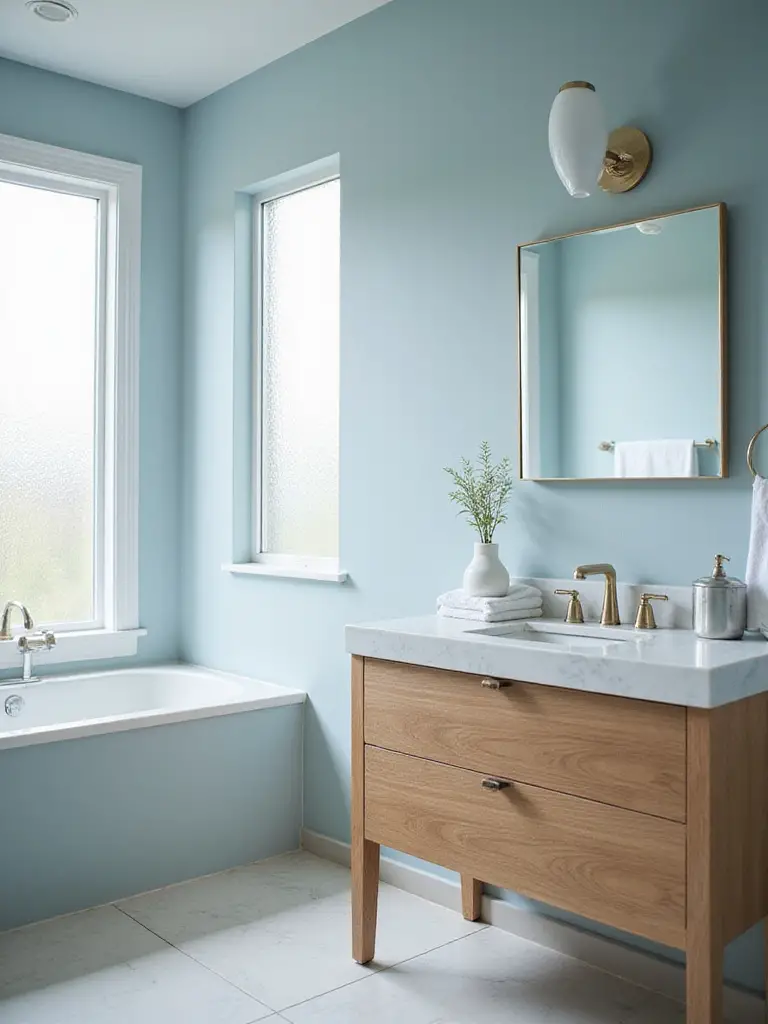 A serene bathroom with a soothing color palette featuring soft blue walls and natural light.