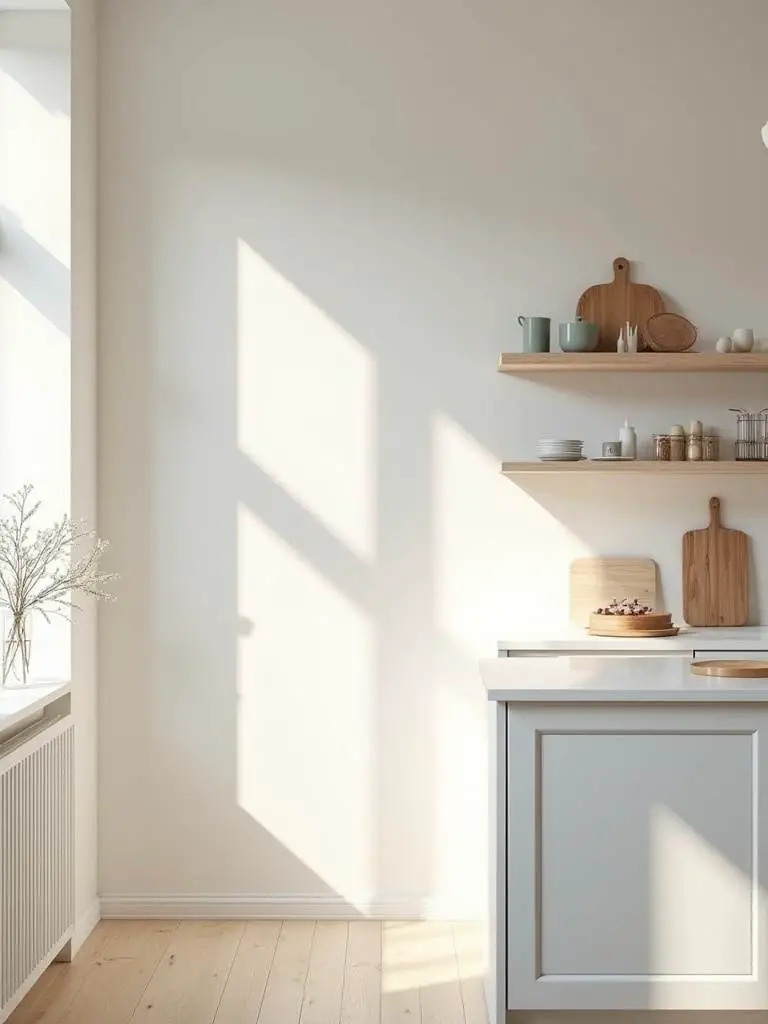 Scandinavian kitchen with crisp white walls reflecting natural light
