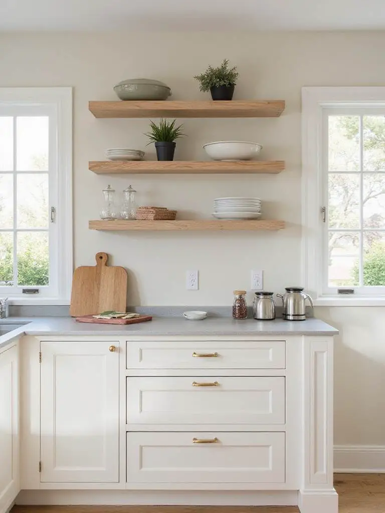 A kitchen with harmonious color palette featuring soft off-white cabinets and light grey quartz countertop