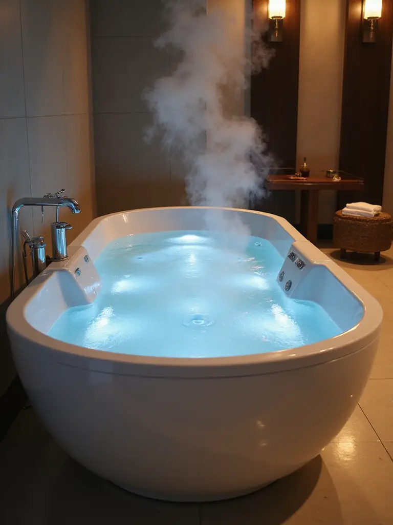 A modern smart bathtub filled with warm water in a luxurious bathroom setting.