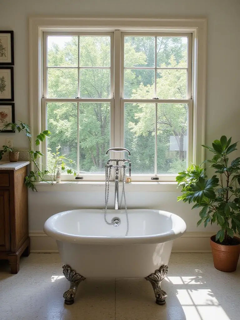 Elegant clawfoot bathtub in a vintage-styled bathroom with natural lighting.