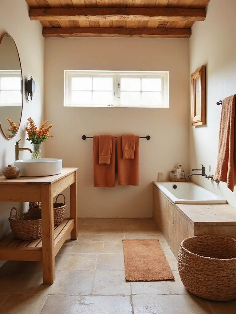 Rustic bathroom featuring an earthy color palette with warm off-white walls and terracotta accents.