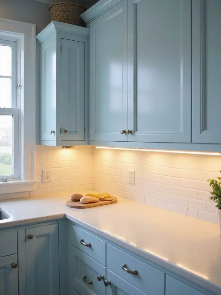 A coastal kitchen featuring under-cabinet lighting illuminating a countertop.