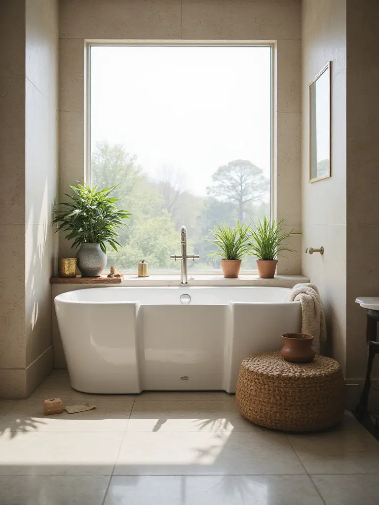 Modern bathroom showcasing a walk-in bathtub with natural light and elegant design.