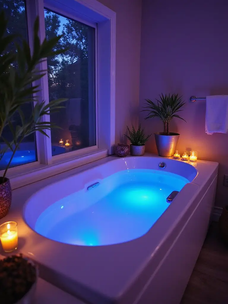 Luxurious chromotherapy tub with color-changing LED lights in a serene bathroom setting.