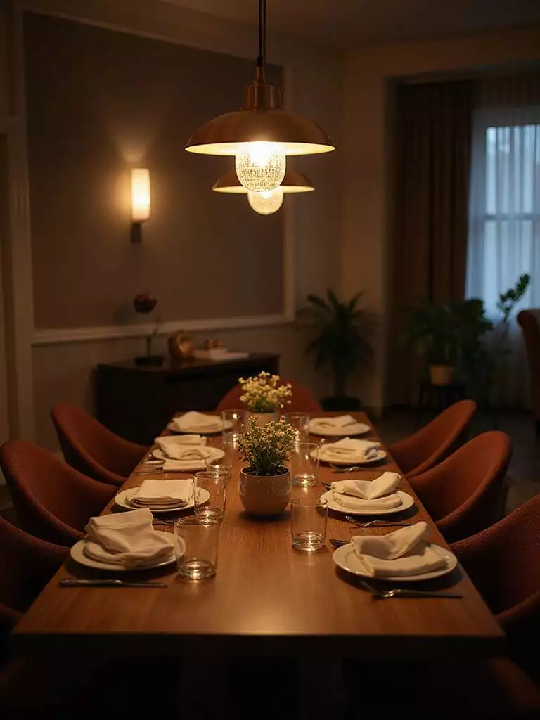 Elegant dining room with centered chandelier illuminating the table