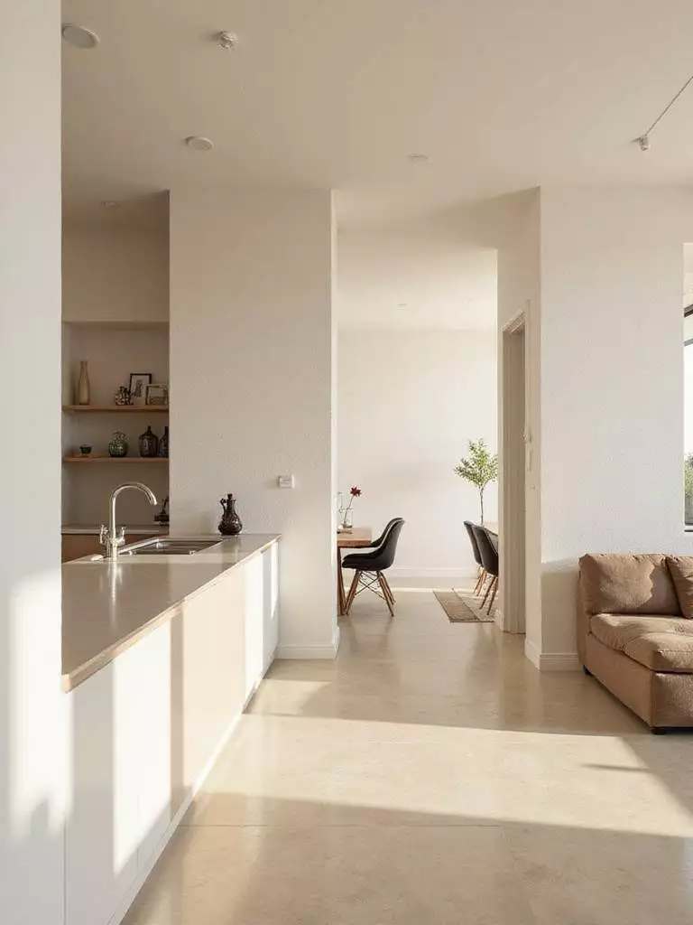 Open-concept kitchen with seamless color flow and harmonious wall colors.