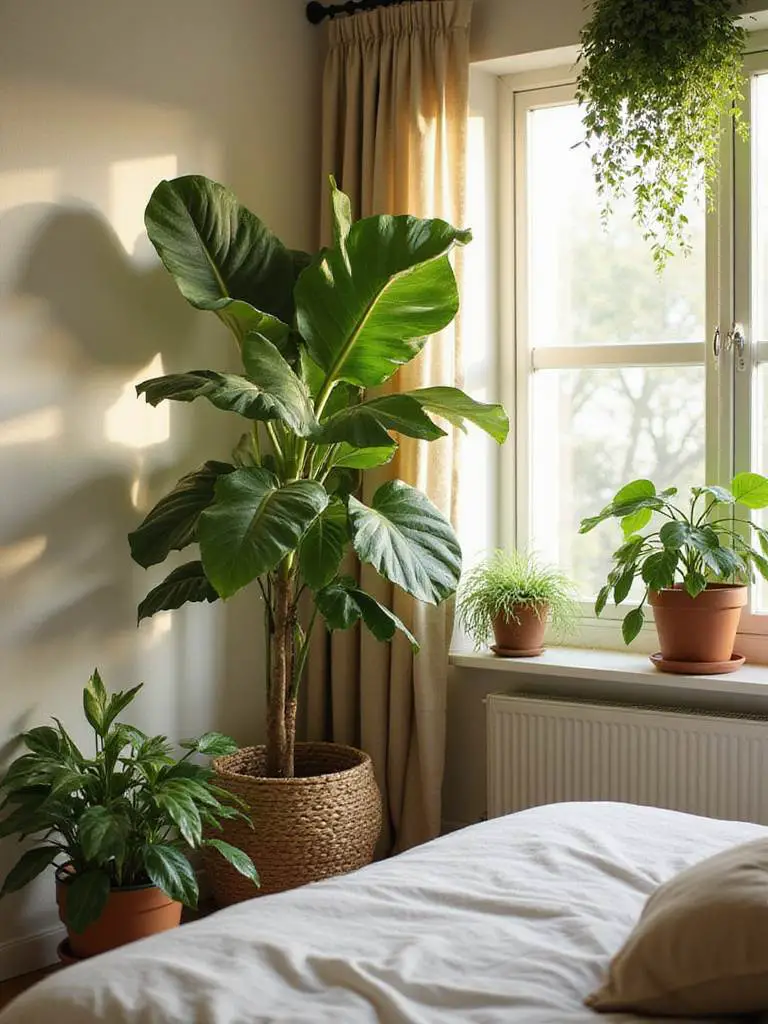 A beautifully styled bedroom with various indoor plants enhancing the aesthetic.