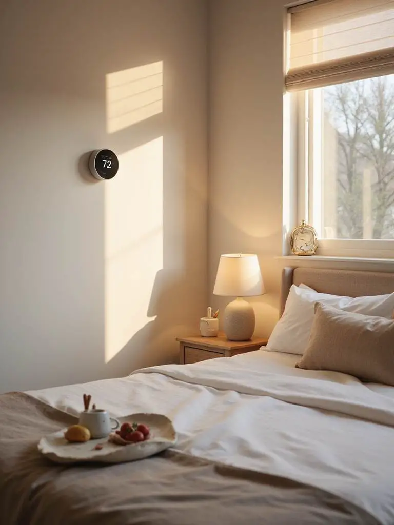A cozy bedroom with smart home technology features like automated blinds and smart lighting.