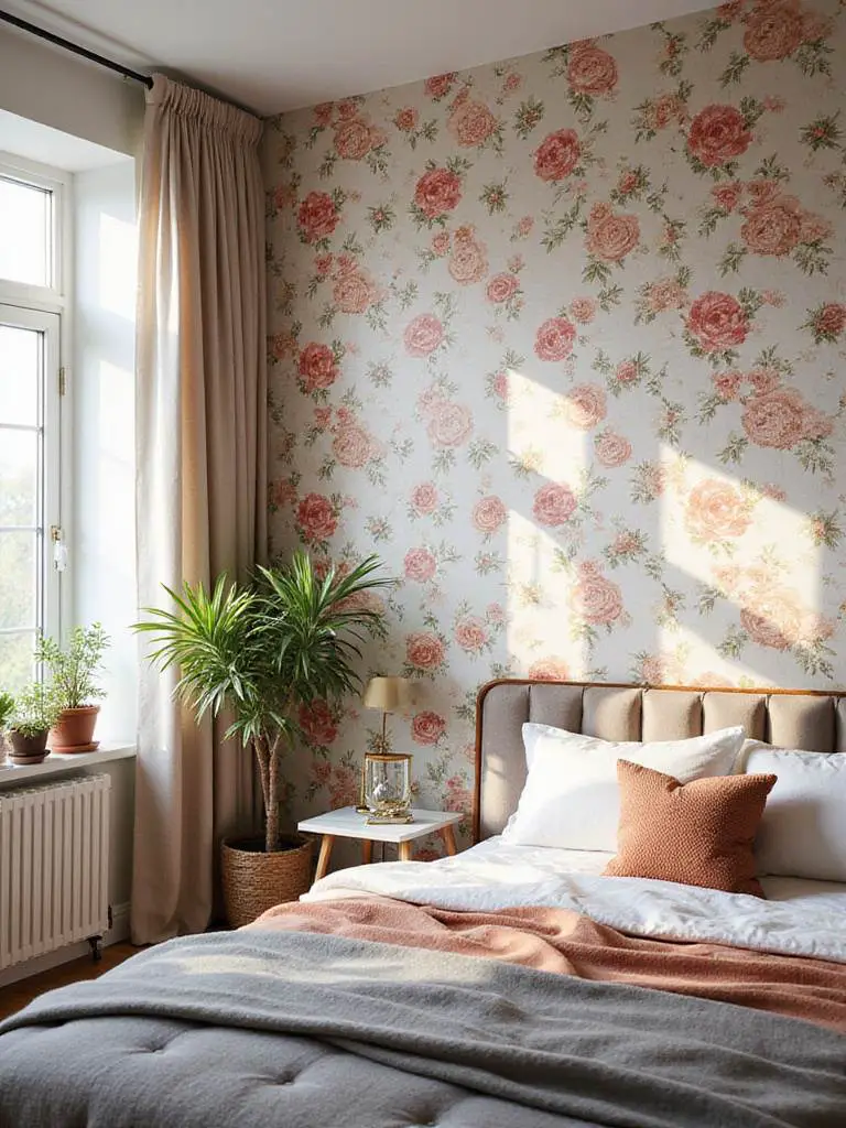 Bedroom with removable wallpaper featuring a vibrant floral design, showcasing a cozy and inviting atmosphere.