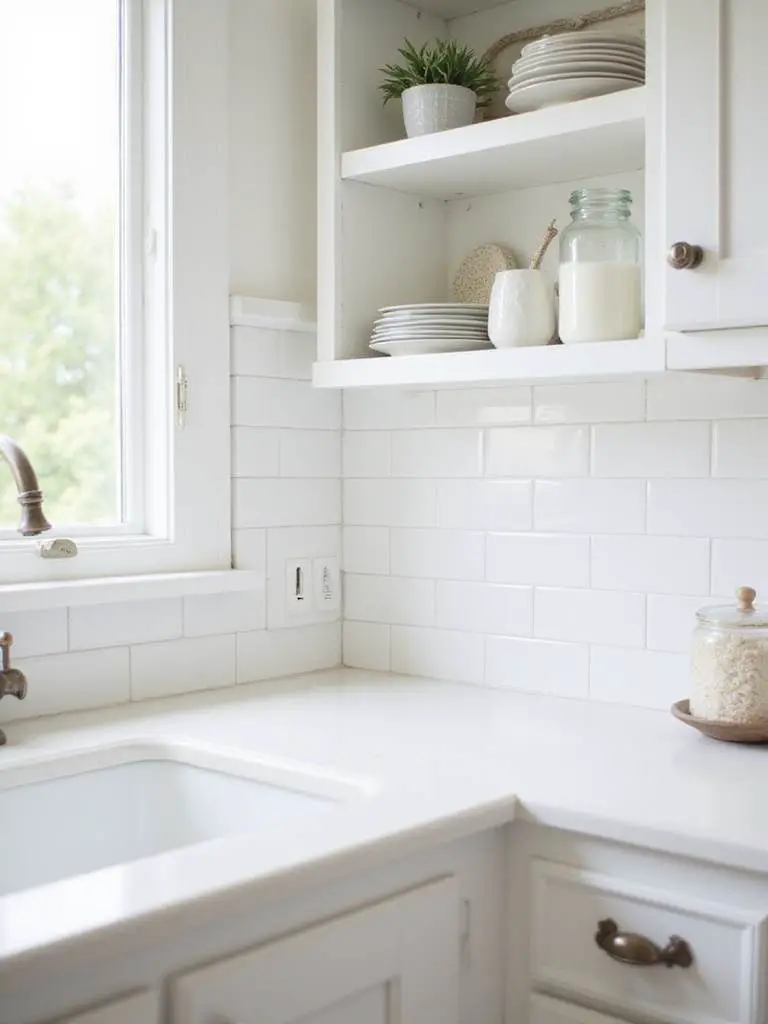Coastal kitchen featuring a clean backsplash made of classic white subway tile
