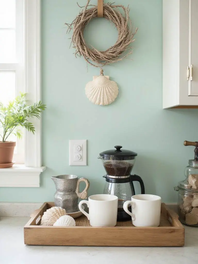 Coastal coffee station with decorative elements and natural lighting