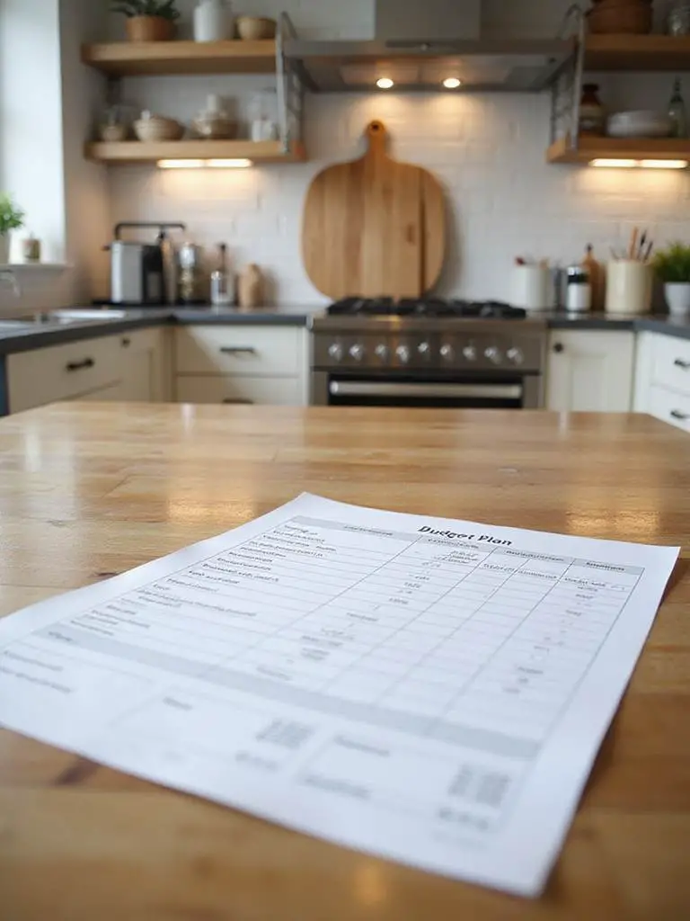 A detailed kitchen budget plan on a countertop surrounded by modern kitchen elements.