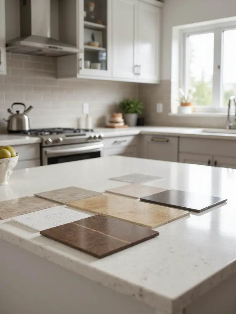 Variety of kitchen tiles displayed on a countertop in a well-lit kitchen