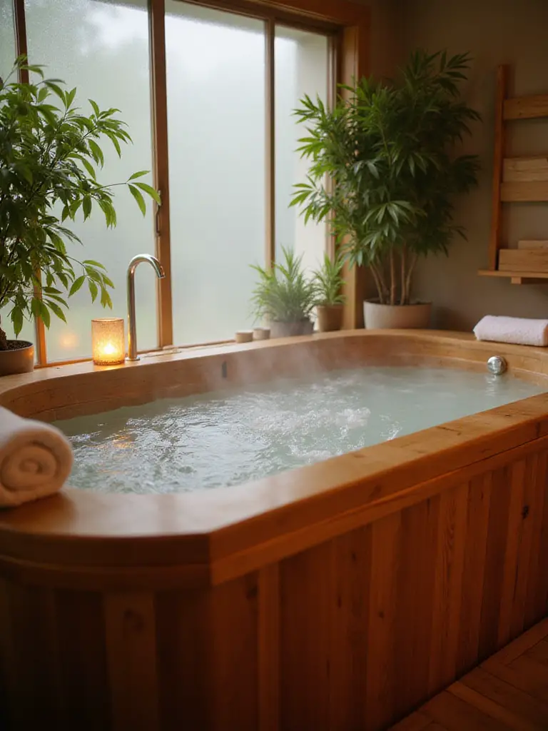A compact Japanese soaking tub filled with hot water in a serene bathroom setting with ambient lighting.