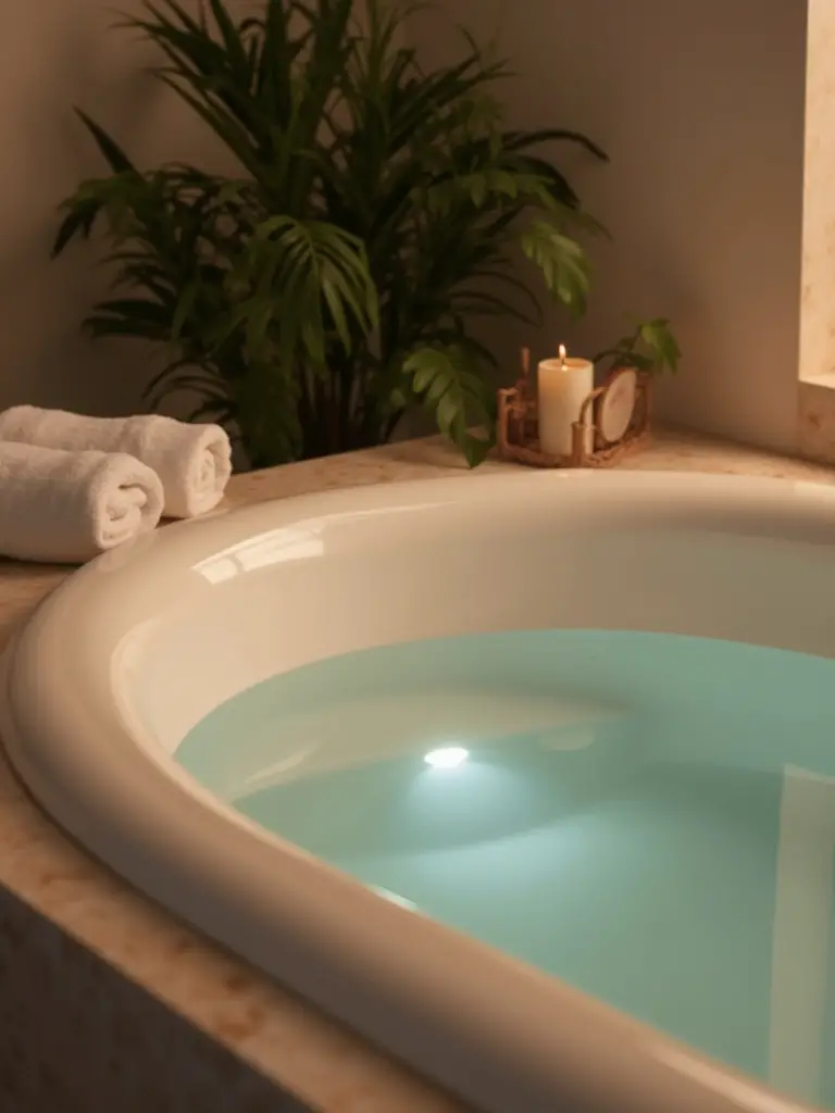 A sound therapy bathtub in a serene bathroom setting, showcasing its modern design and ambient lighting.