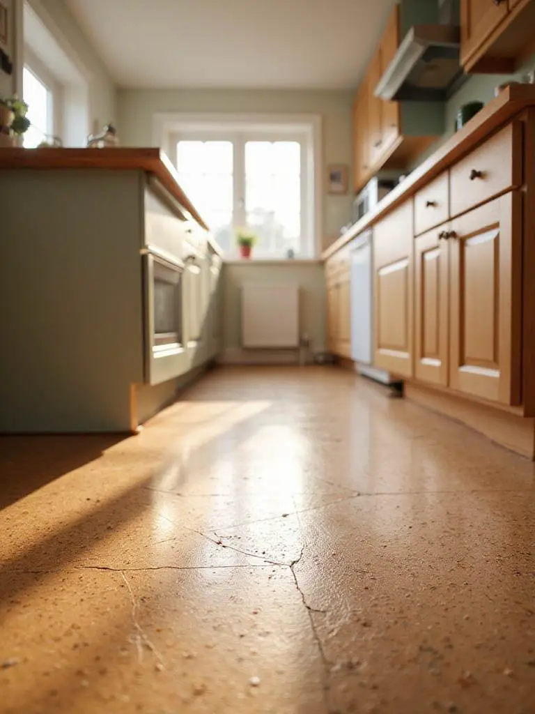 Eco-friendly cork and linoleum flooring in a bright kitchen