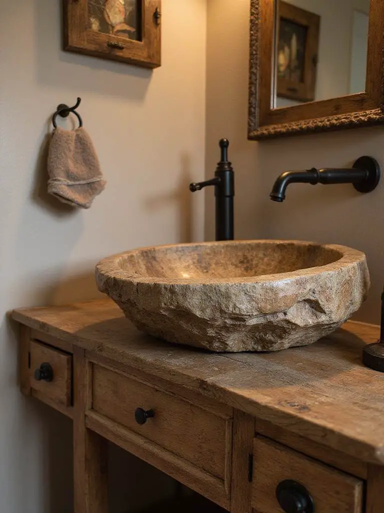 Rustic bathroom with a stone vessel sink on a reclaimed wood vanity
