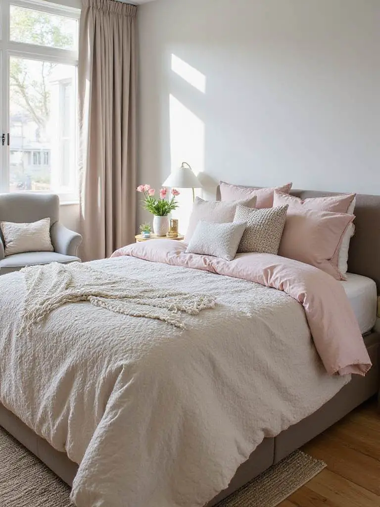 Stylish bedding on a well-made bed in a beautifully decorated bedroom scene.