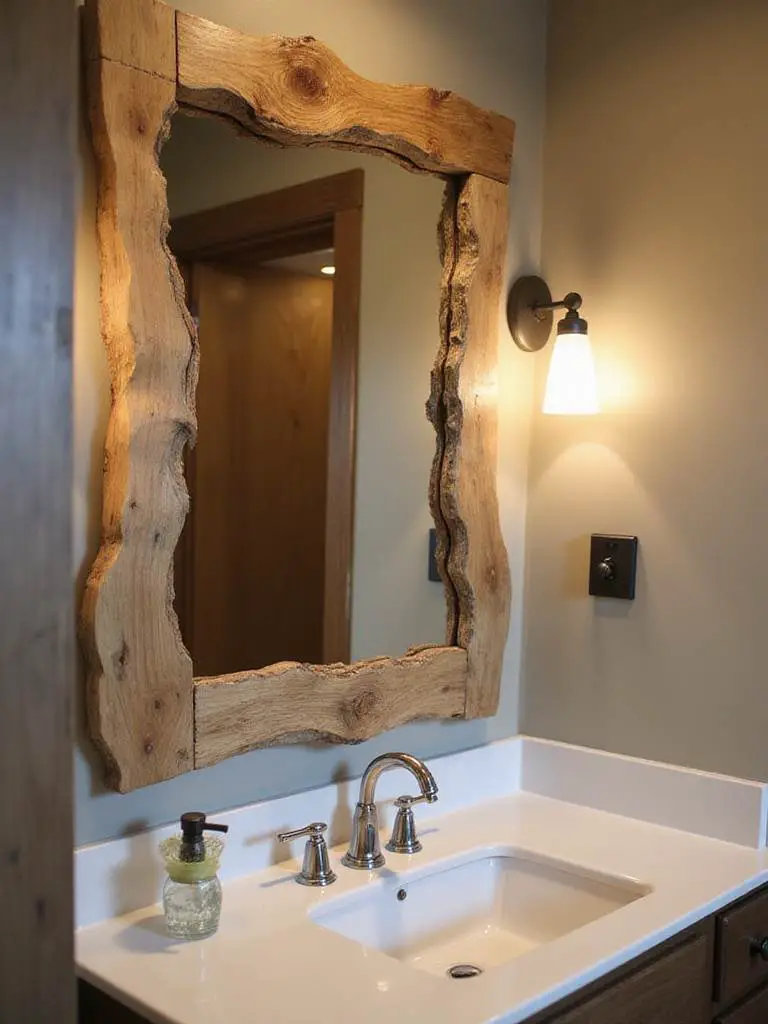 Rustic bathroom featuring a live-edge wood mirror frame above a modern vanity.