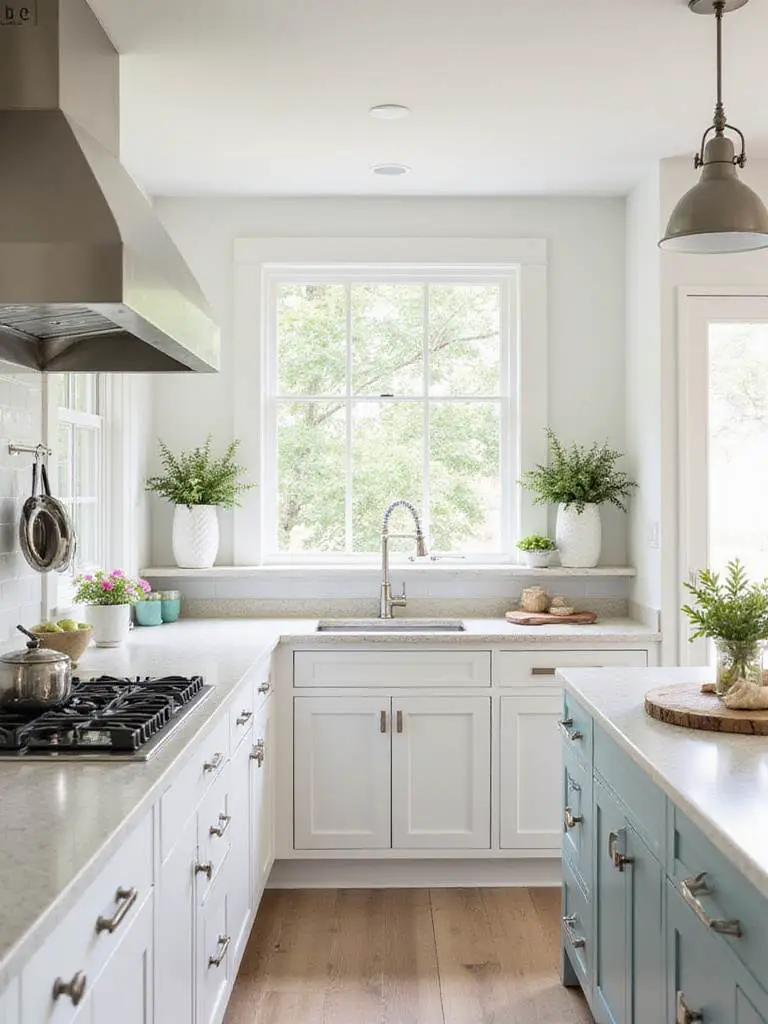 Coastal kitchen with light countertops reflecting sand and shells