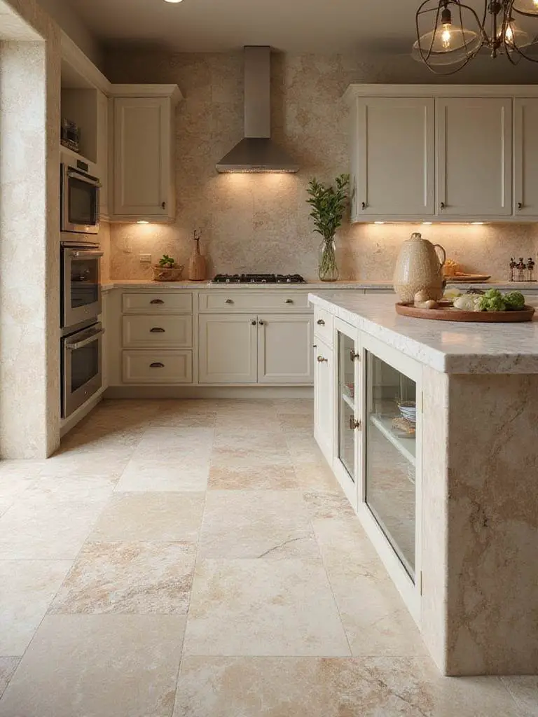 Elegant kitchen with natural stone tiles showcasing unique textures and colors.