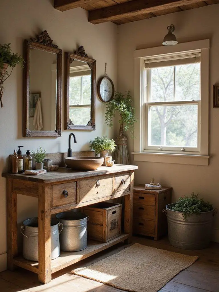 Rustic bathroom with flea market finds including vintage vanity and storage.