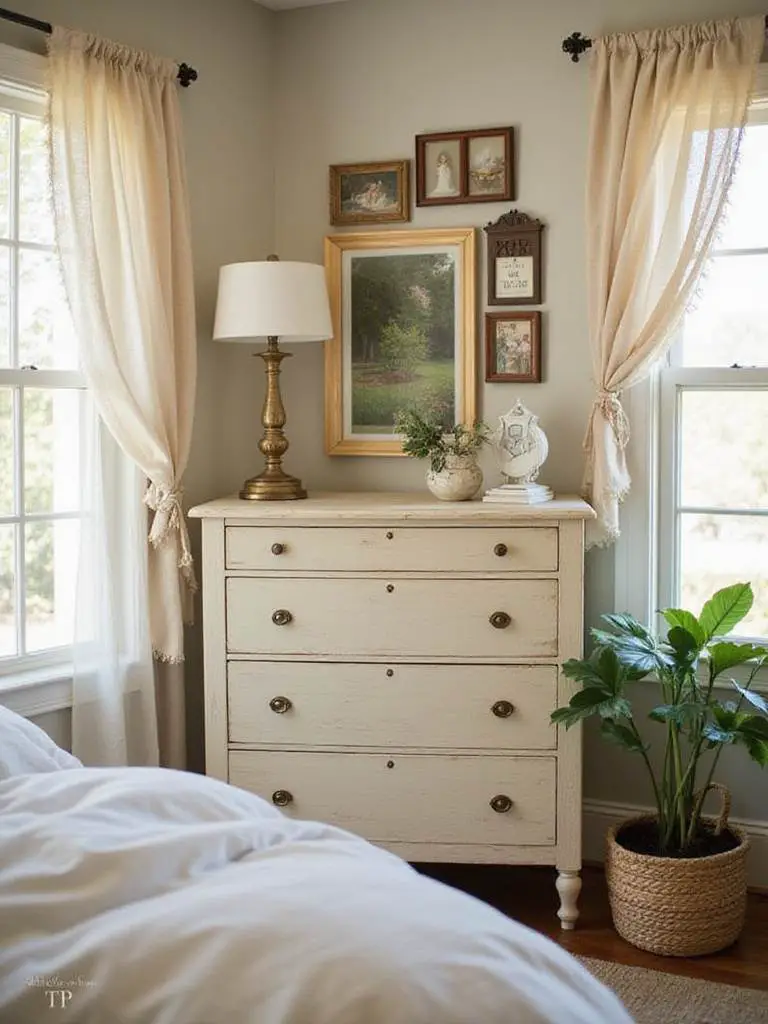 A beautifully decorated bedroom showcasing thrift store finds like a vintage dresser and unique decor items.