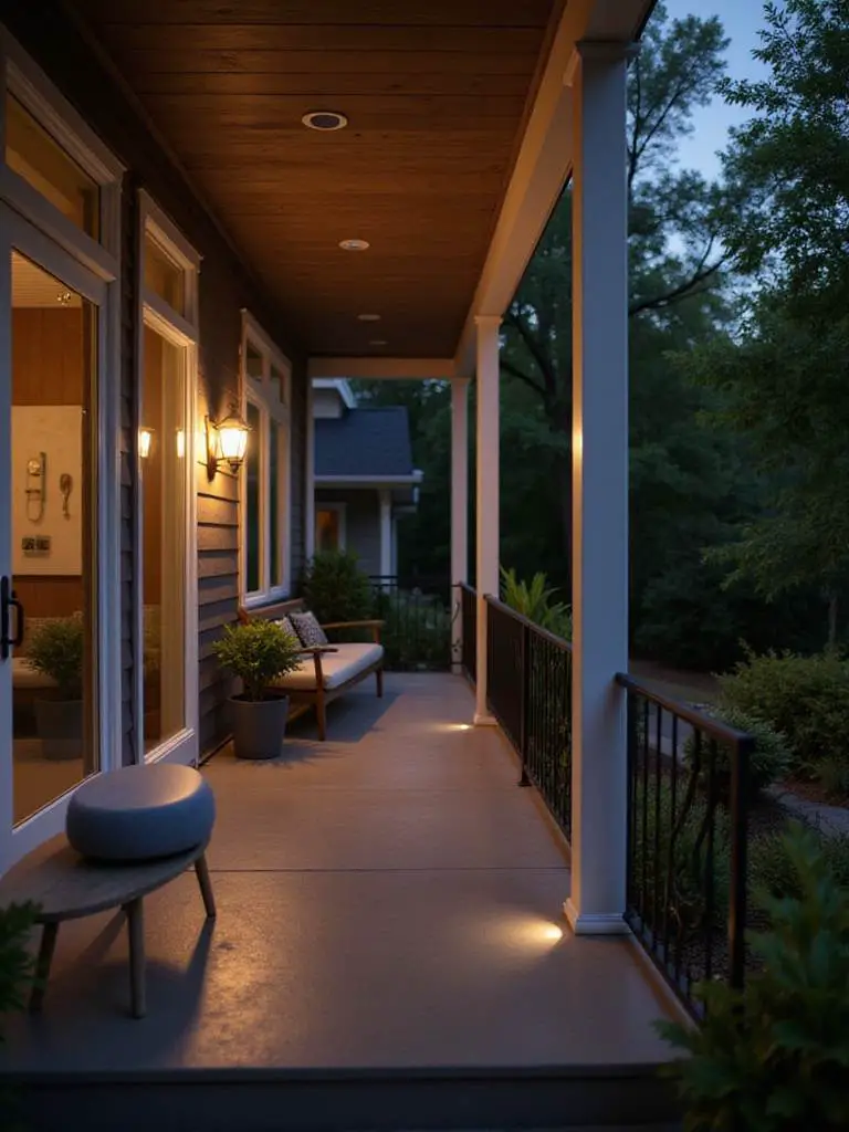 Modern porch equipped with smart home technology for enhanced comfort and security, featuring automated lighting and climate controls.