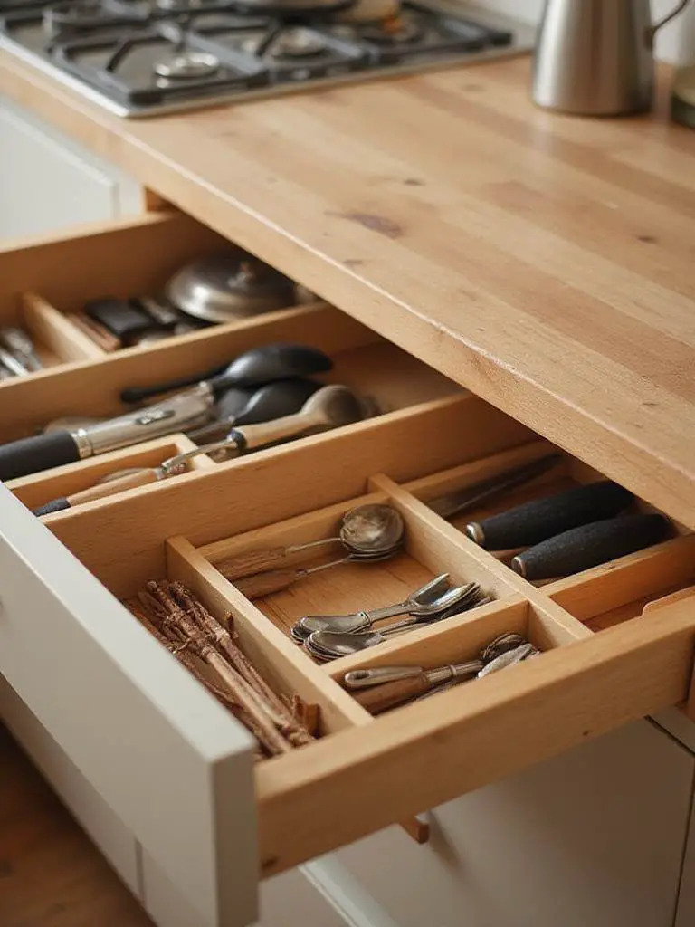Organized Scandinavian kitchen drawer with utensils neatly arranged in bamboo dividers.