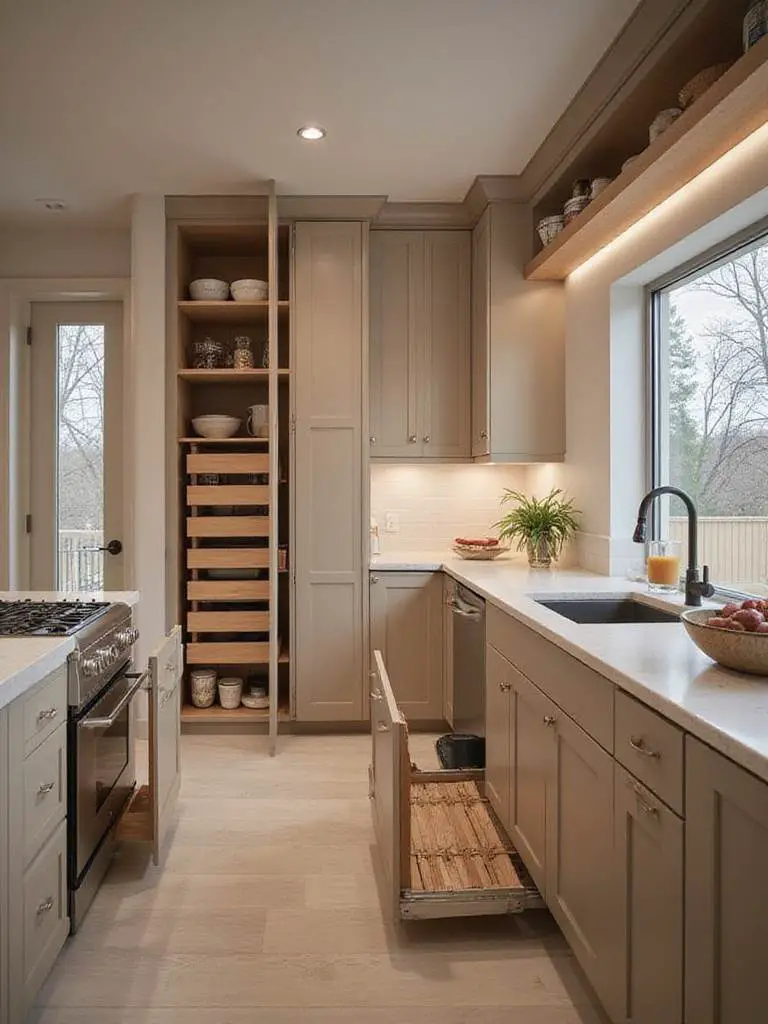 Modern kitchen with smart pull-out storage solutions and pantry systems
