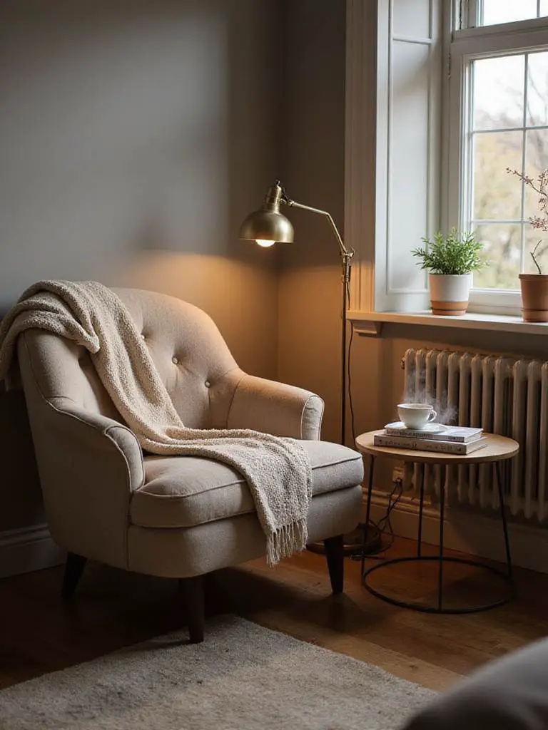Cozy seating nook in a bedroom with an armchair, side table, and warm lighting