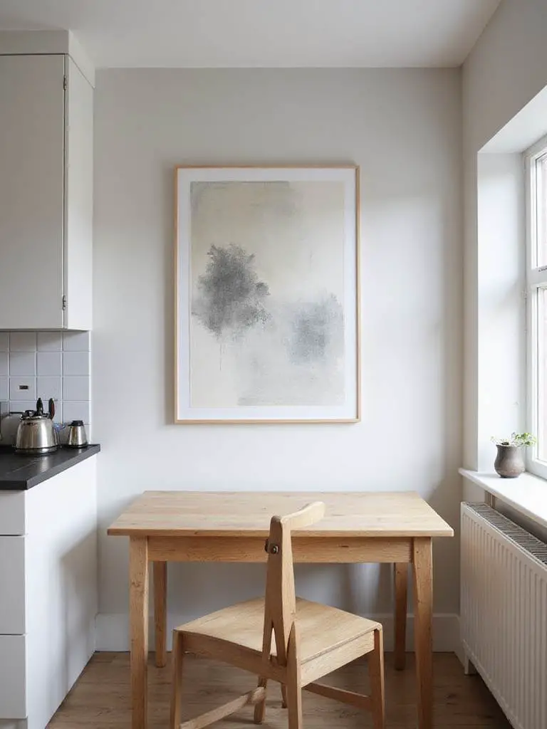Professional photo of Scandinavian kitchen with abstract minimalist wall art