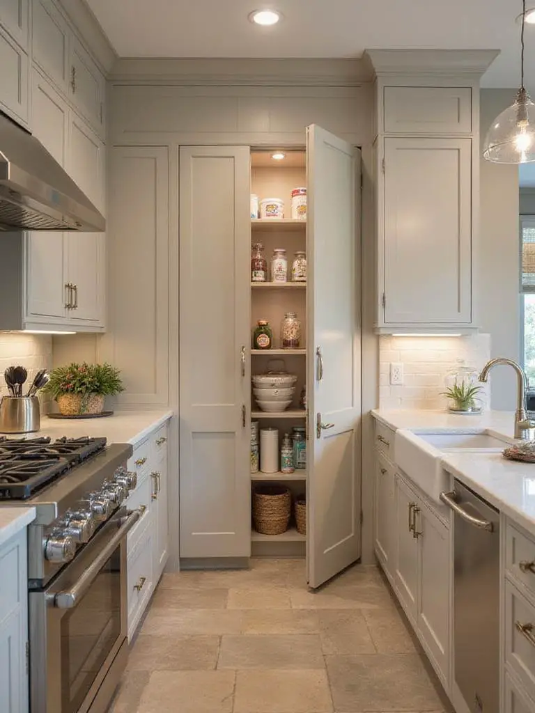 A modern kitchen featuring a discreet butler's pantry with organized shelves and a hidden door.