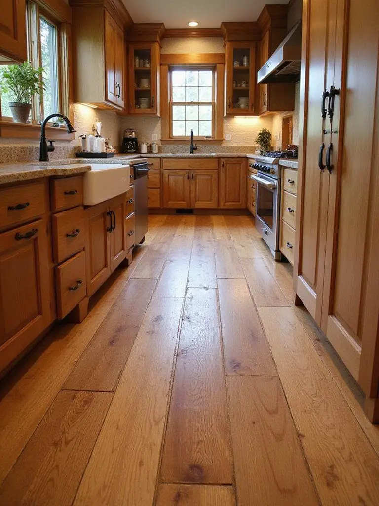 Rustic kitchen with wide-plank wood flooring