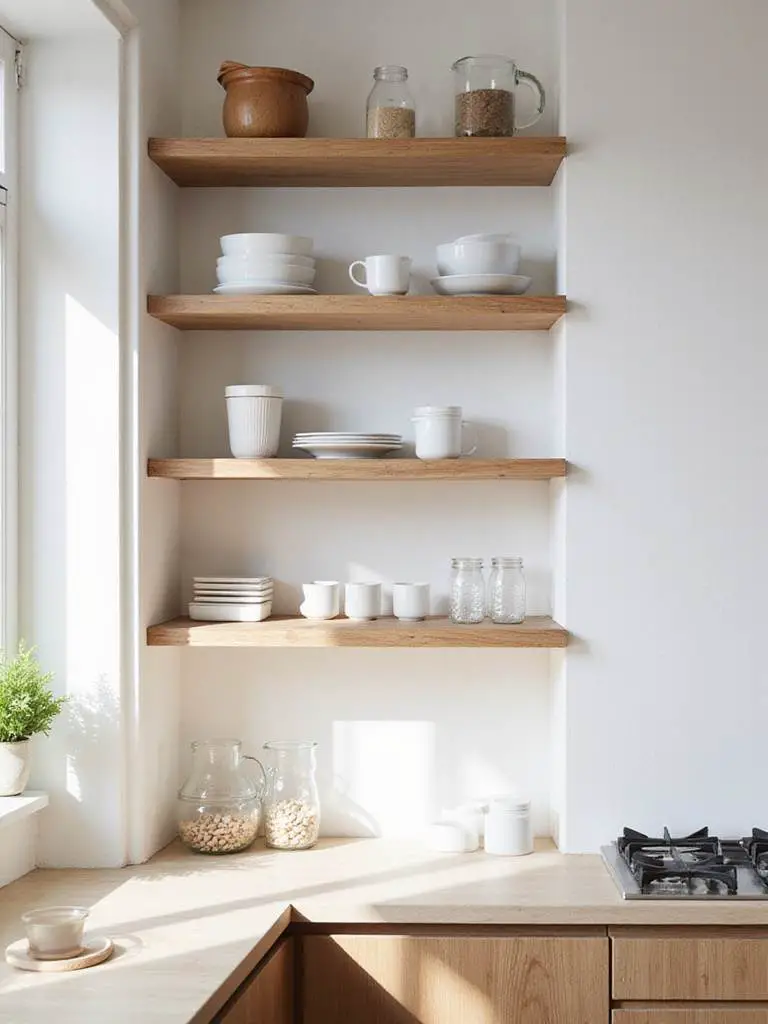 A Scandinavian kitchen with open shelving displaying curated ceramics and essential items.