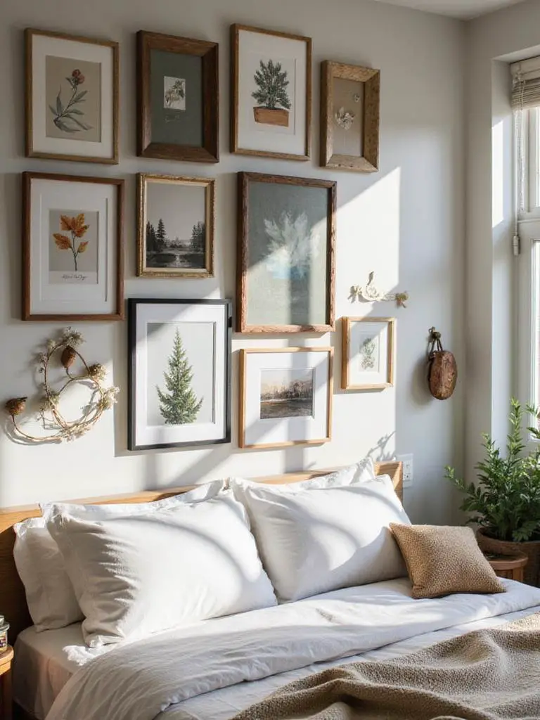 Beautifully curated gallery wall in a cozy bedroom with framed art and personal mementos.