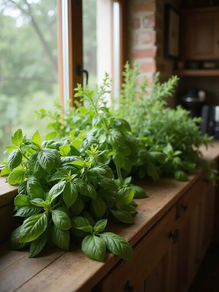 Rustic kitchen with live plants on a wooden windowsill, showcasing herbs like basil and rosemary in natural sunlight.