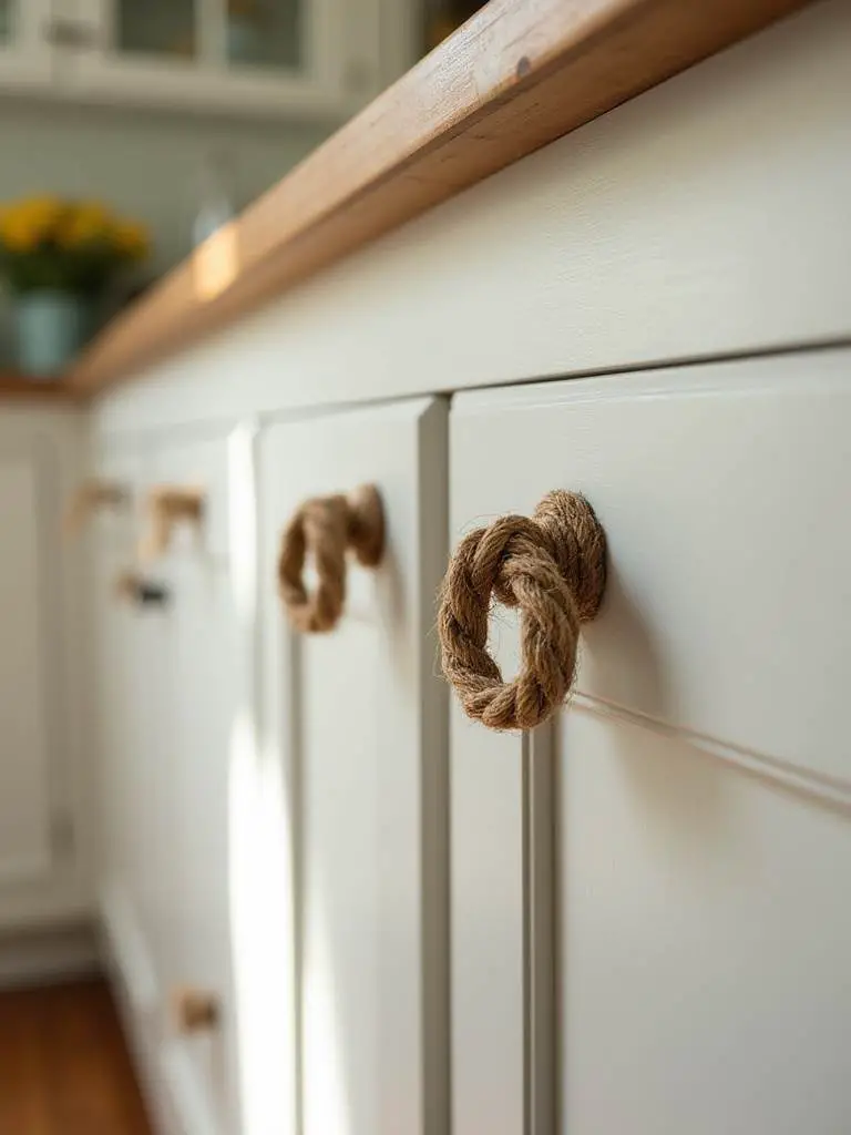 Coastal kitchen with rope pulls for cabinet hardware