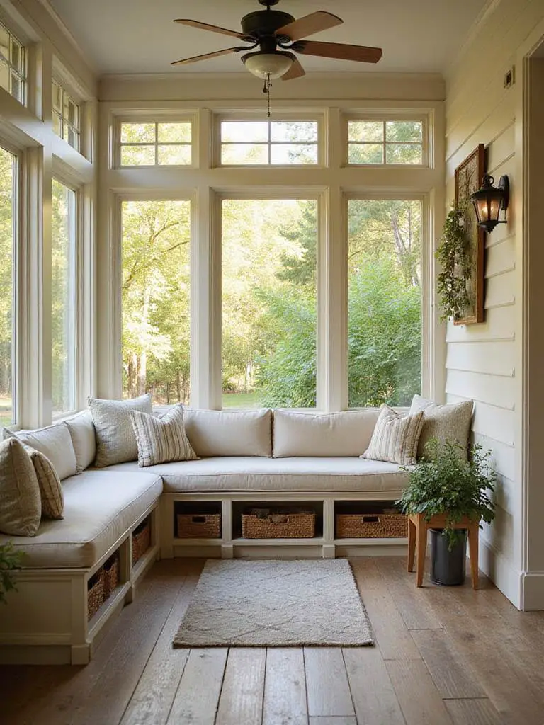 A cozy porch featuring built-in seating with hidden storage, elegantly designed for outdoor efficiency.