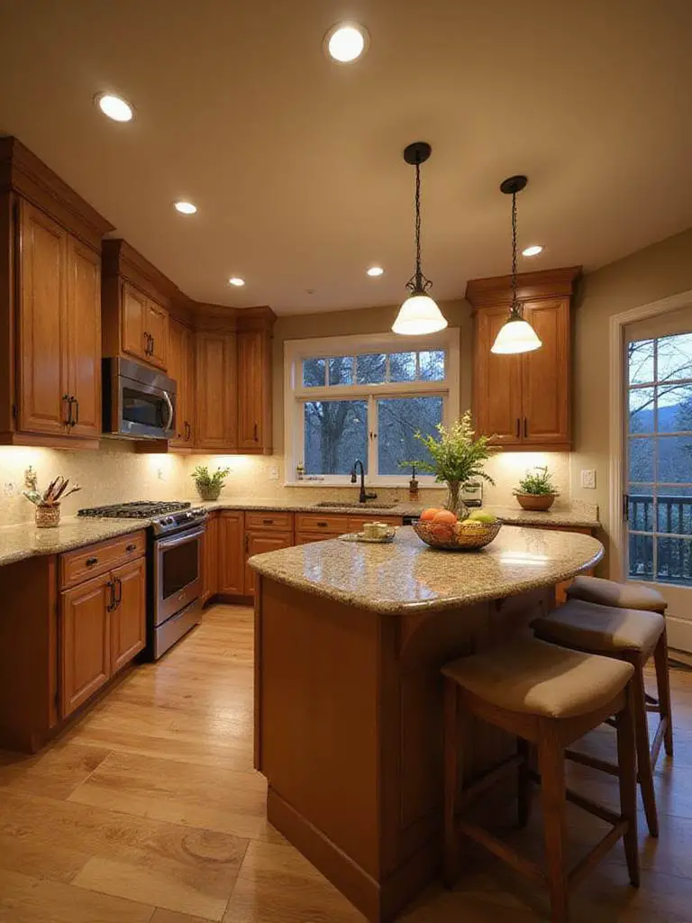 A beautifully lit kitchen showcasing layered lighting techniques including ambient, task, and accent lights.