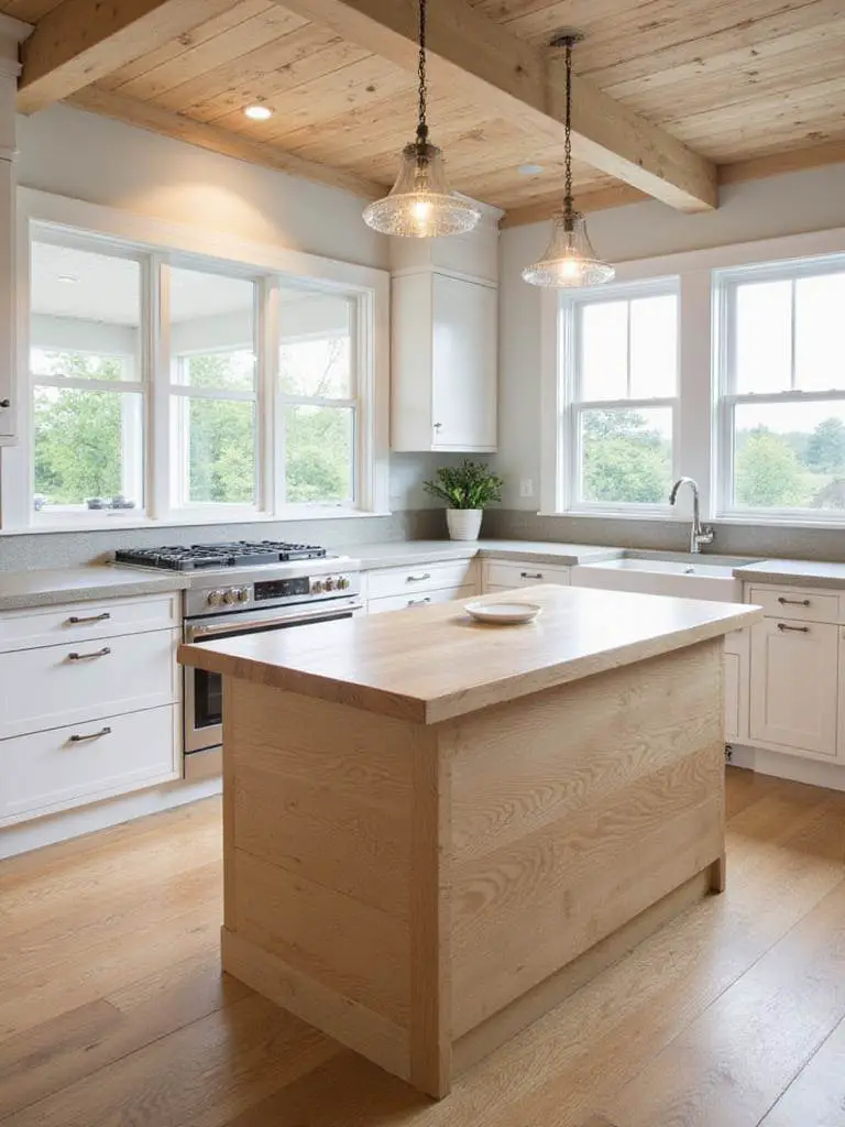 Coastal kitchen with natural wood elements and white cabinets