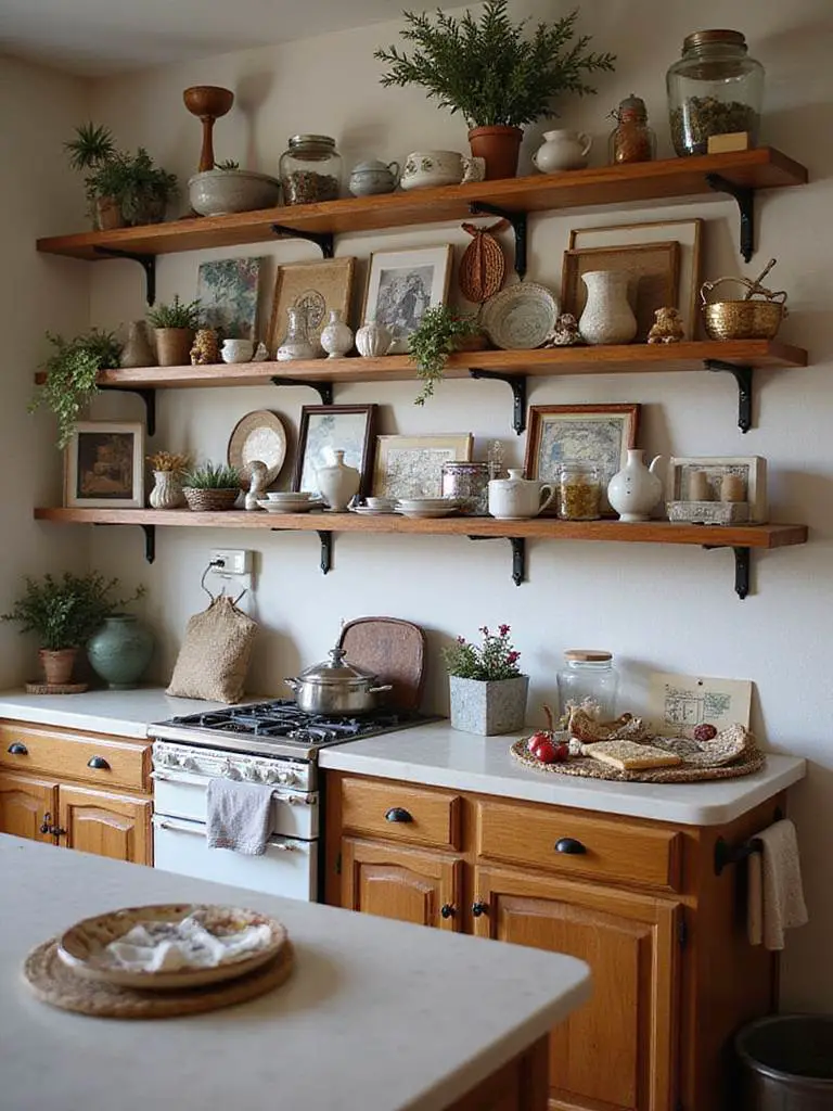 Cozy kitchen with personalized collected items and souvenirs displayed on shelves and countertops