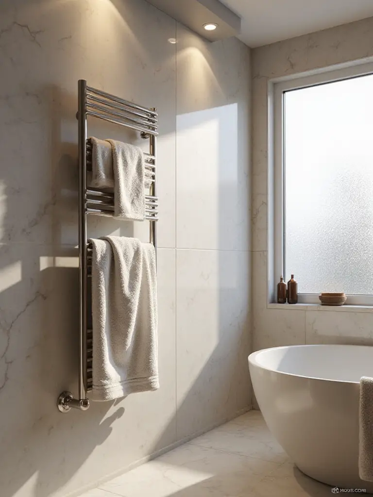 Luxurious bathroom with a heated towel rack and warm towels