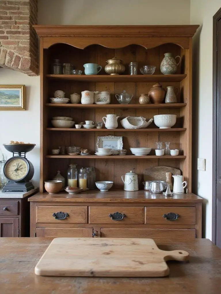 A kitchen with vintage accents, showcasing a rustic wooden hutch and antique decor.