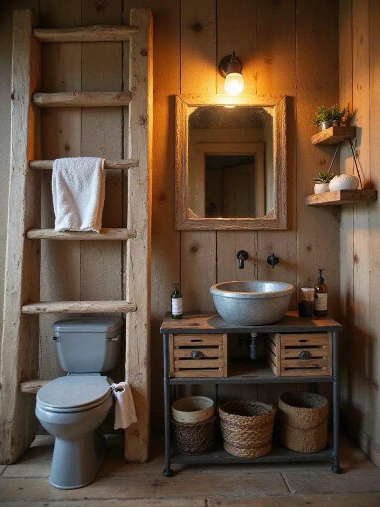 Rustic bathroom decor featuring upcycled items like a ladder towel rack and vintage crates.