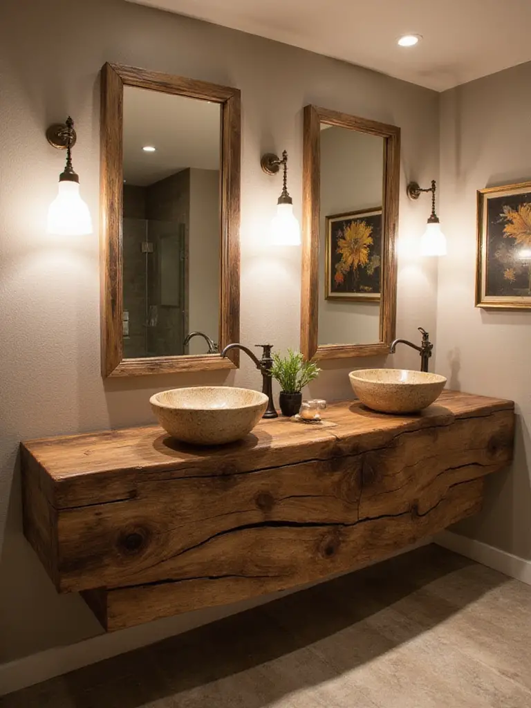 Unique wooden vanity with vessel sink in a stylish bathroom setting