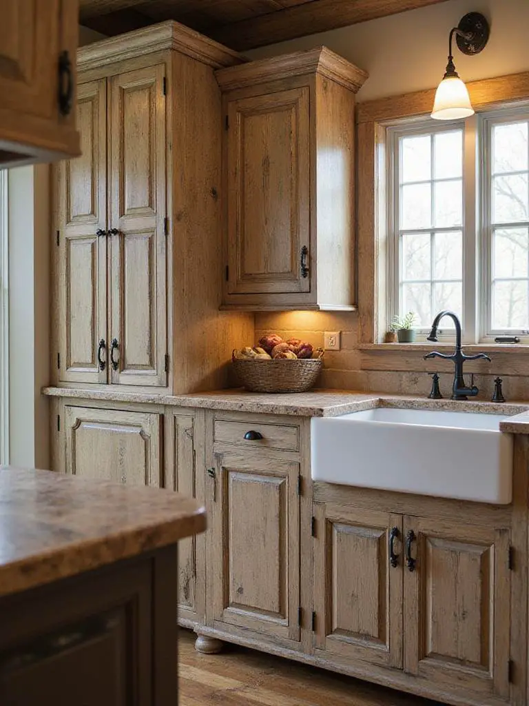 Rustic kitchen featuring distressed cabinetry with a timeless patina, showcasing warm natural light and inviting textures.