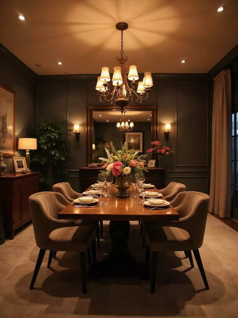Elegant dining room with dimmers creating warm ambiance