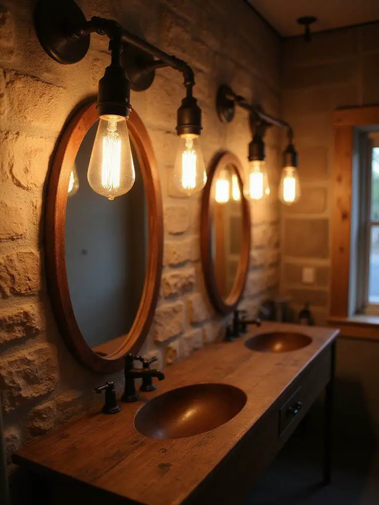 Rustic bathroom with industrial Edison bulb lighting fixtures above a reclaimed wood vanity.